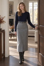 Elegant Striped Faux Wool Belted Casual High Waist A-Line Skirt