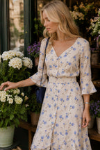 Asymmetric V Neck Flare Sleeve Floral Dress