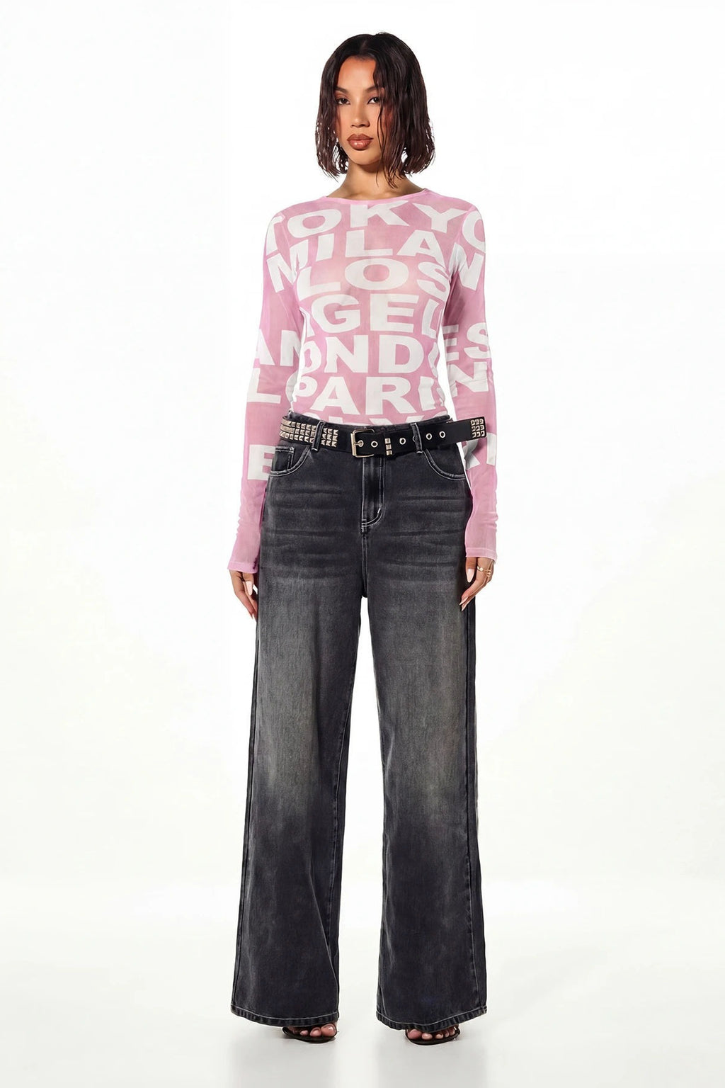 Oversized Letter Print Mesh Long Sleeve T-Shirt