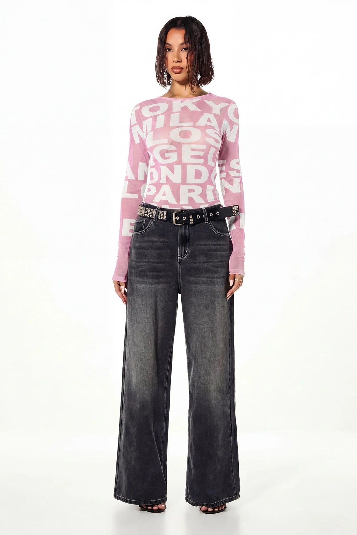 Oversized Letter Print Mesh Long Sleeve T-Shirt