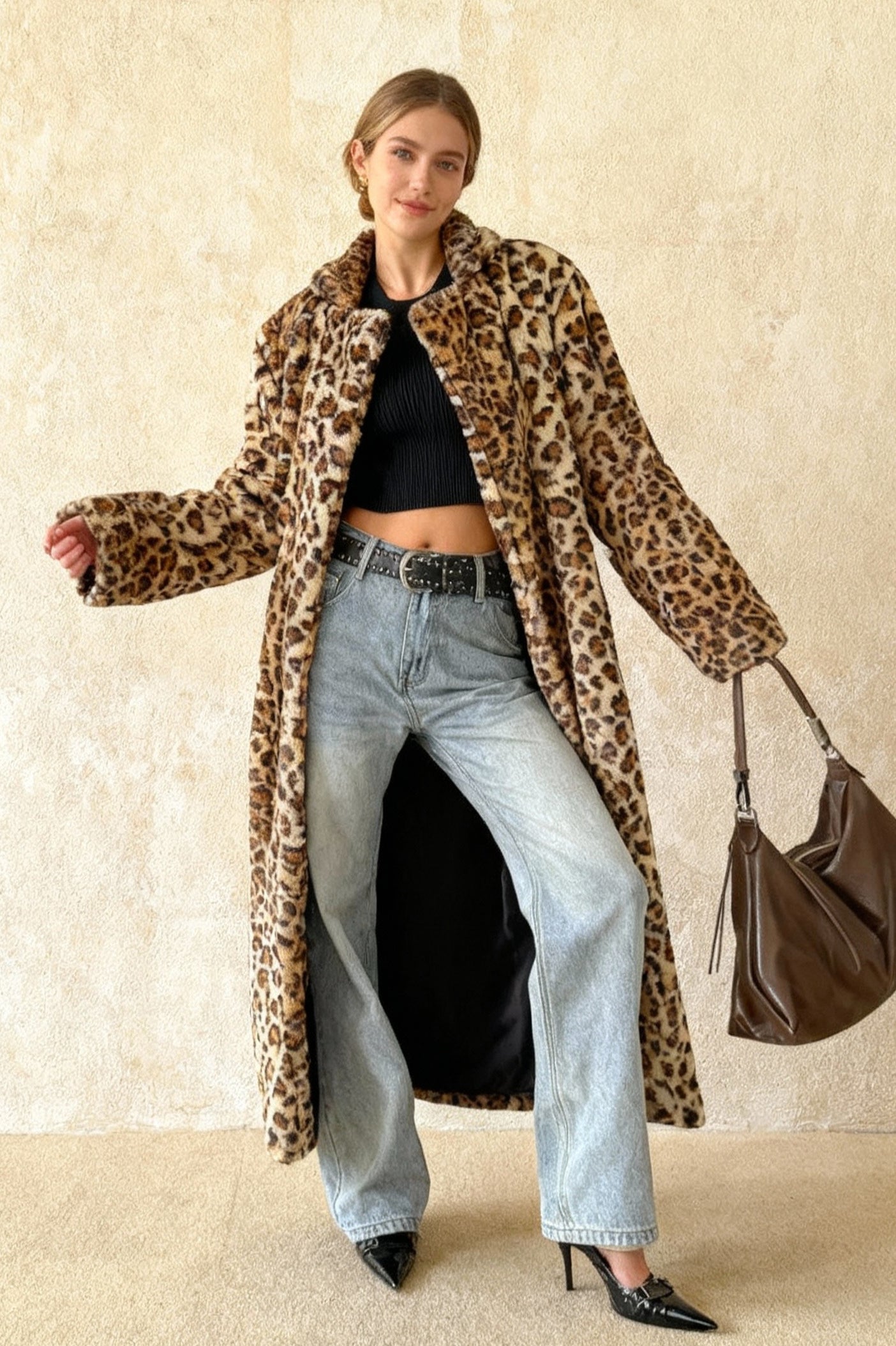 Leopard Print Notched Collar Longline Faux Fur Overcoat Main image