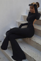 Long Sleeve Backless Slim Straight Wide Leg Jumpsuit