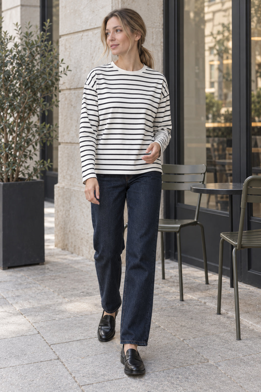Cotton Striped Crew Neck Long Sleeve Tee
