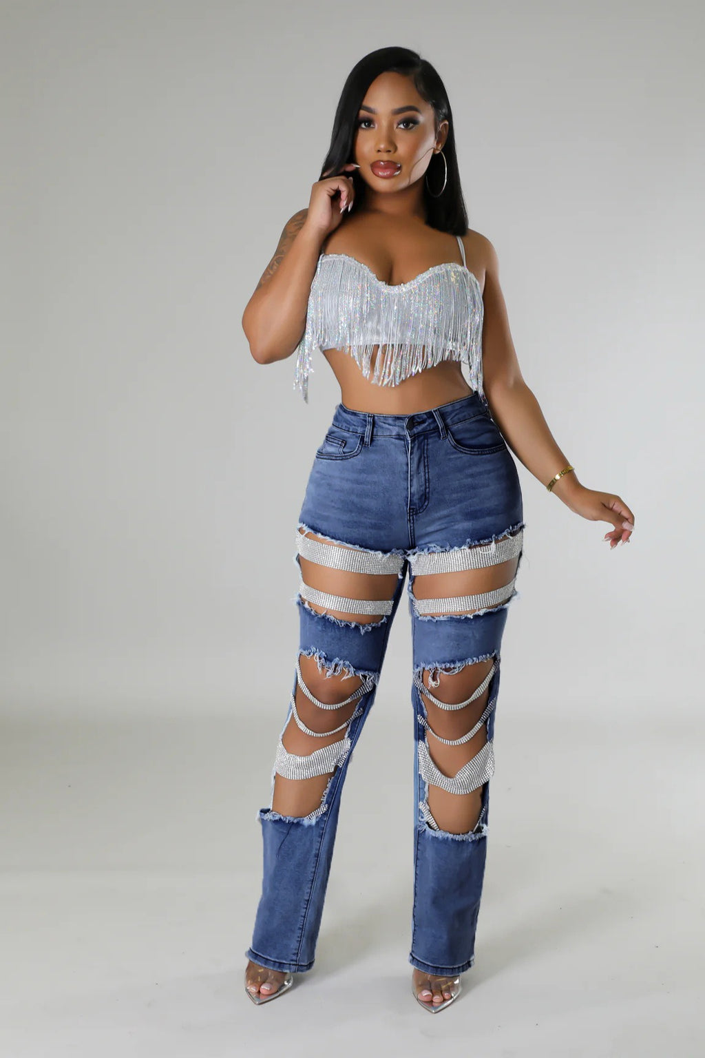 Draped Embellishment Cutout Straight Leg Jeans