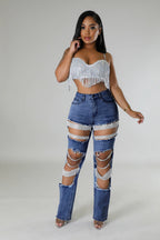 Draped Embellishment Cutout Straight Leg Jeans