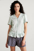 Linen Stripe V Neck Tie Waist Blouse