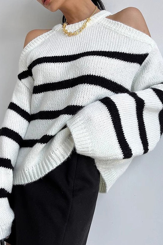 Striped Cutout Shoulder Knit Sweater Main image