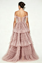 Pink Layered Tulle Prom Dress