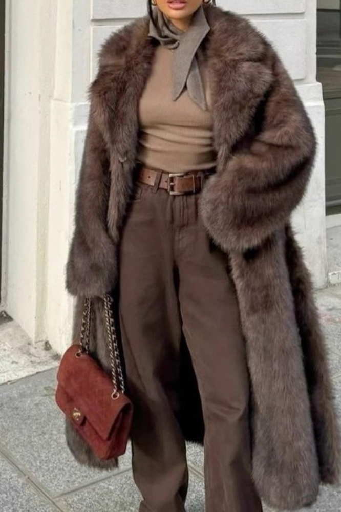 Retro Faux Fox Fur Notched Lapel Long Overcoat Main image