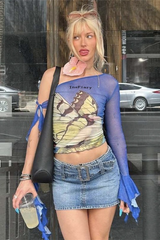 Y2K Butterfly Print One Shoulder Mesh Ruffle Crop Top