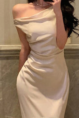 Satin Asymmetrical Cowl Neck Mermaid Gown Silk Dress
