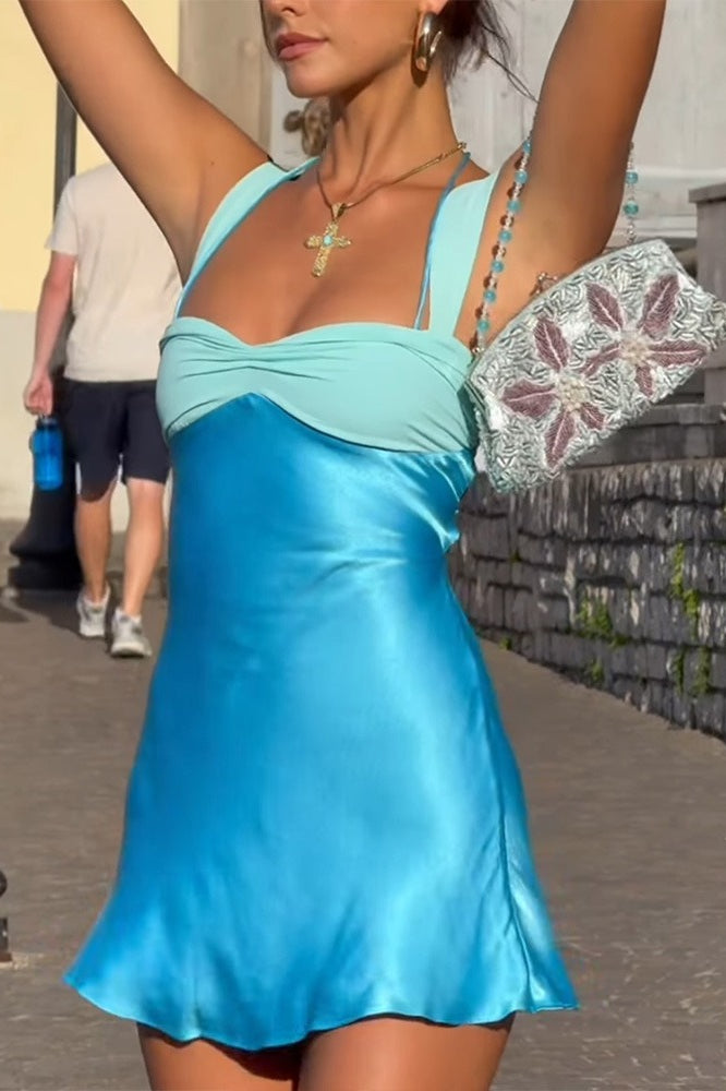 Satin Color Block Backless Cami Bodycon Mini Silk Dress Secondary image