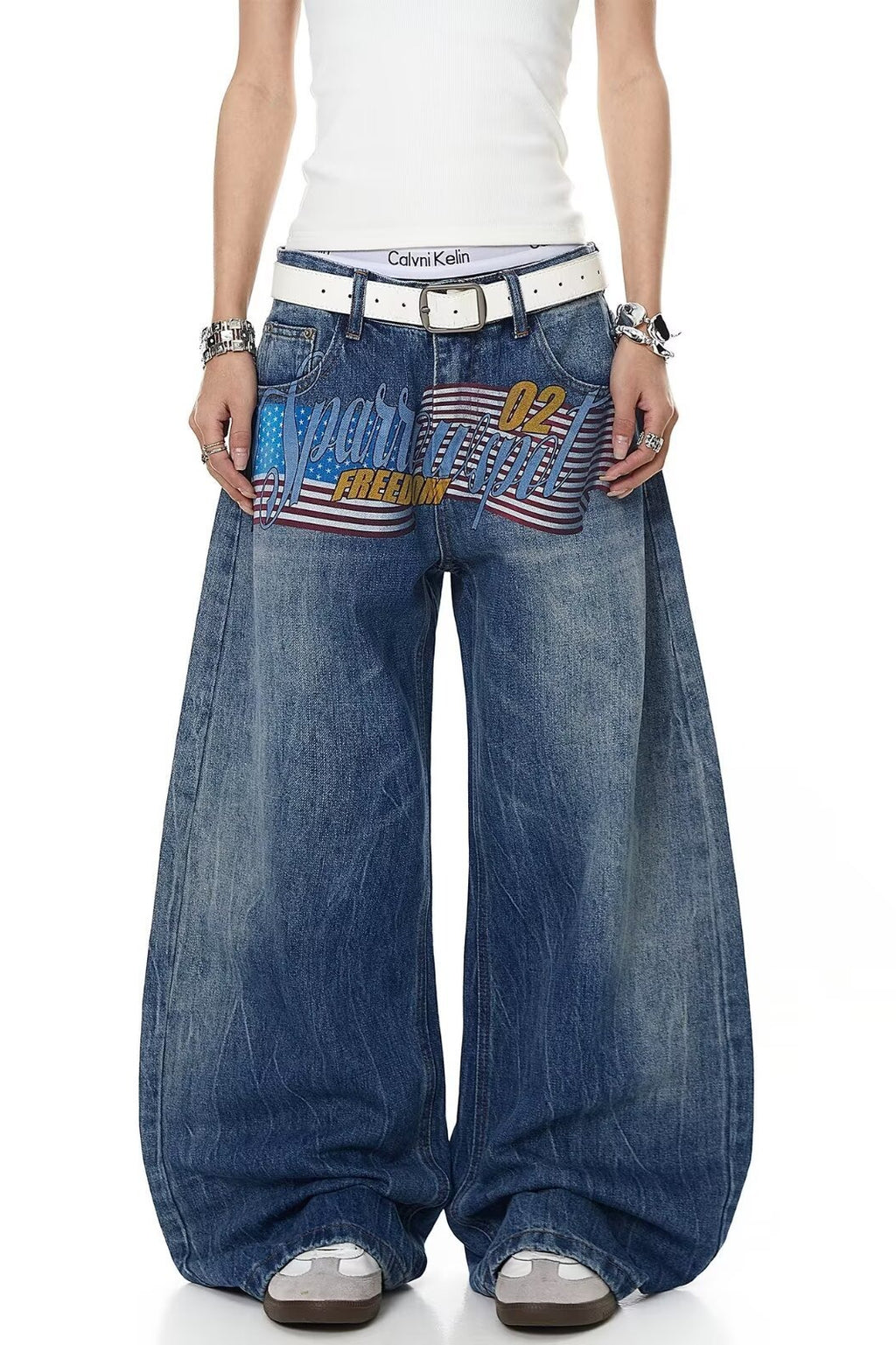Letter Graphic Button Front Wide Leg Jeans