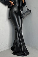 Solid Leather Slim Fit High Waist Flared Tight Casual Pants