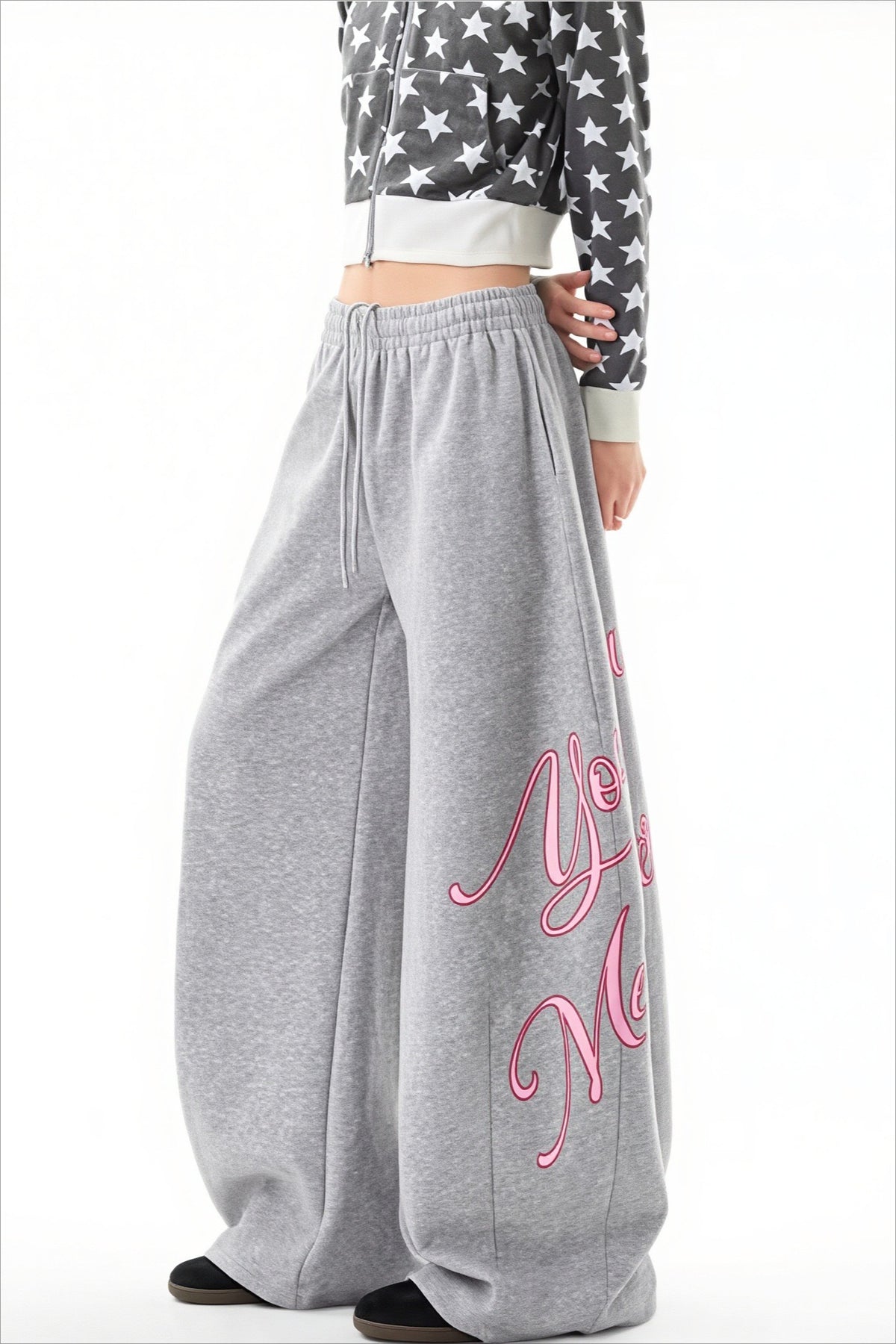 Letter Print Relaxed Wide Leg Sweat Pants