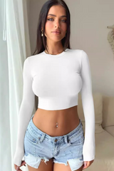 Sexy Hottie Solid Round Neck Slim Long Sleeve Crop Top