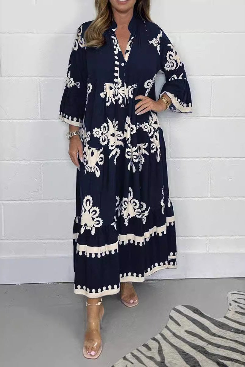 Floral Print Band Collar Waist Cinching Elegant Boho Dress Secondary image