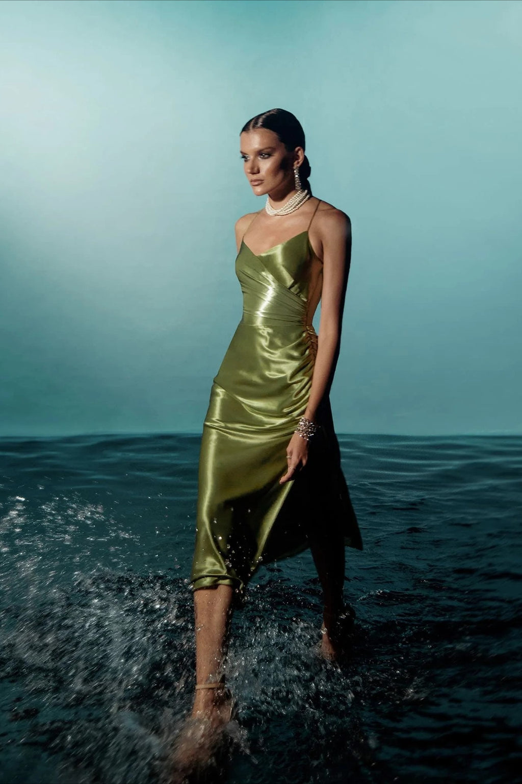 Ruched Satin Bodycon Spaghetti Strap Split V Neck Formal Dress