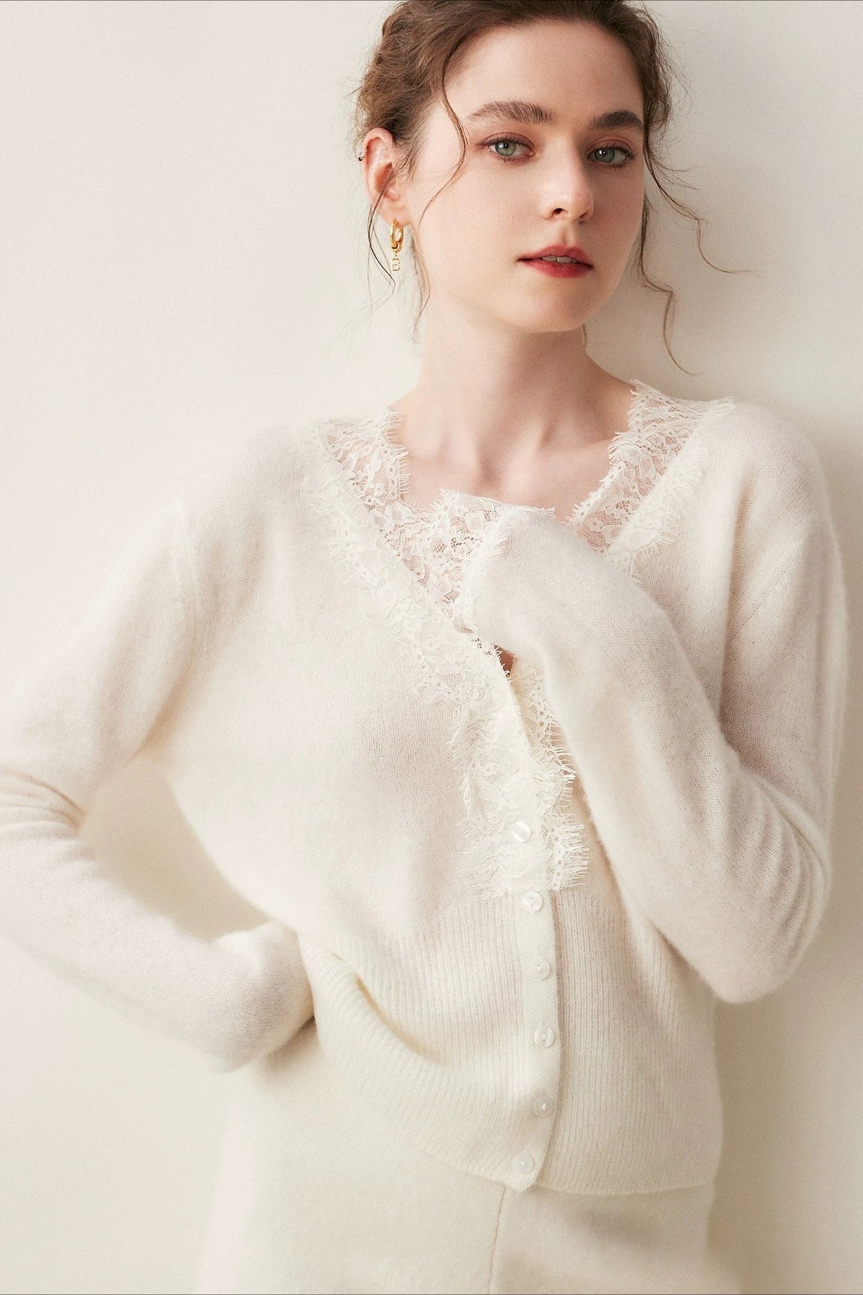 Lace Trim V Neck Cashmere Cardigan Secondary image