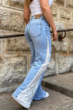 Contrast Lace Panel Wide Leg Jeans