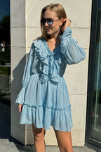 Chiffon V Neck Bell Sleeve Ruffle Mini Dress