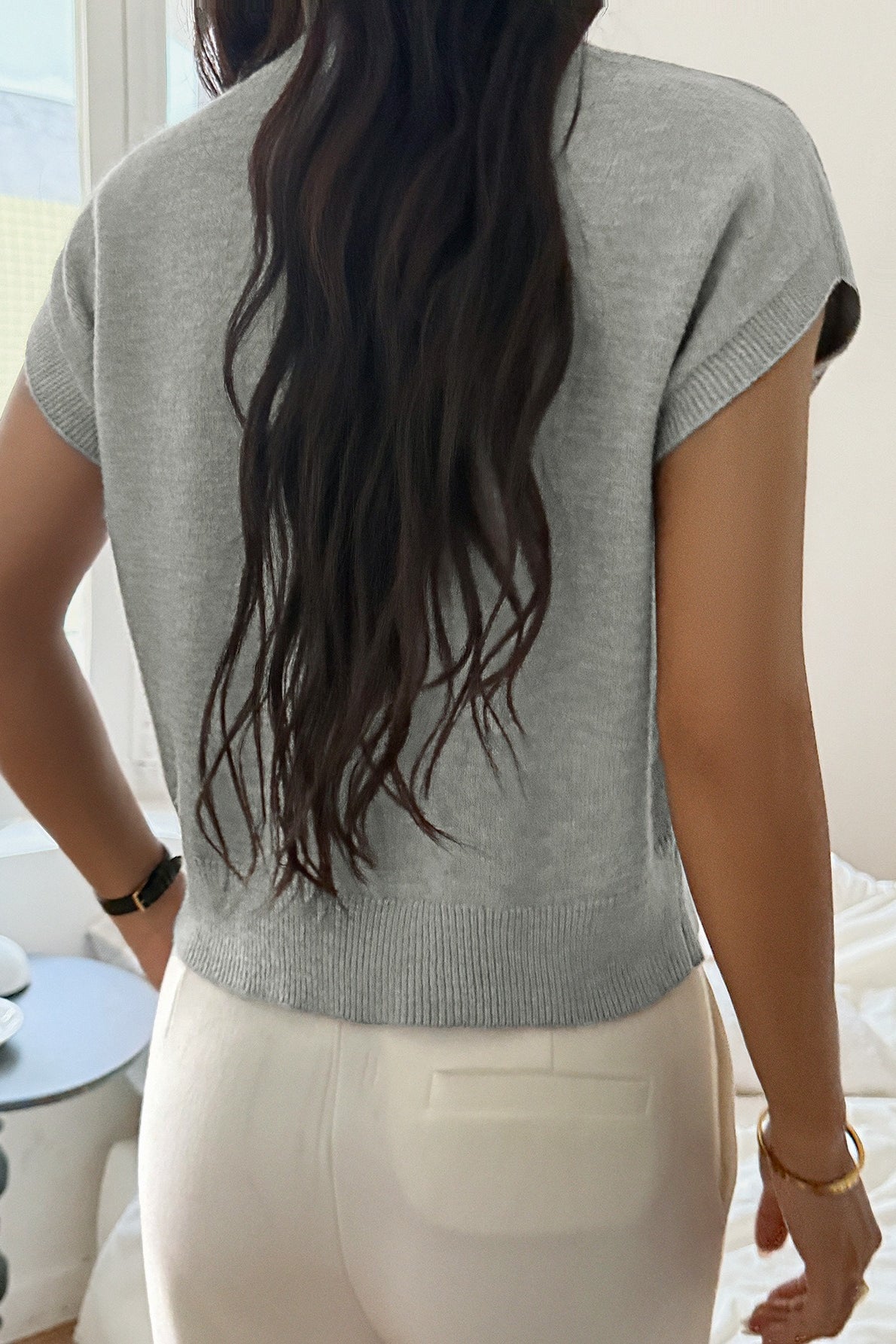 Deep V Solid Knit Short Sleeve Sweater Secondary image