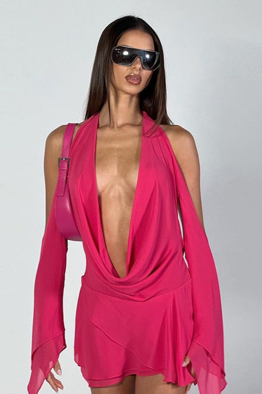 Halter Low Cut Solid Asymmetrical Bodycon Cocktail Dress Main image