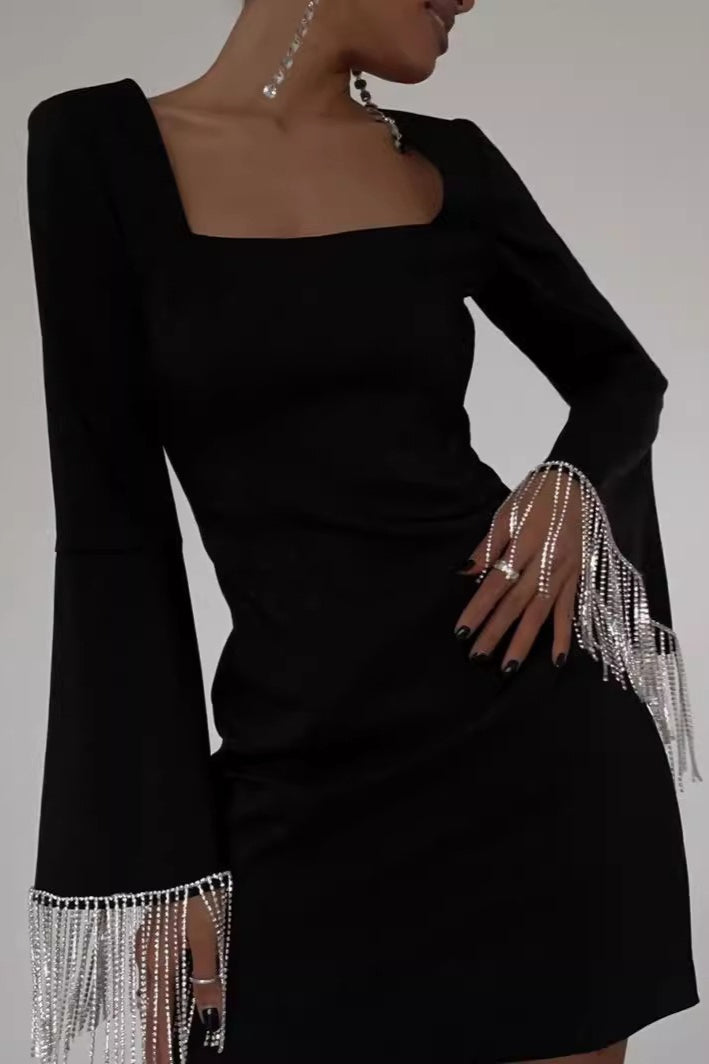 Chic Black Fringe Back Cutout Bell Sleeve Midi Cocktail Dress Main image