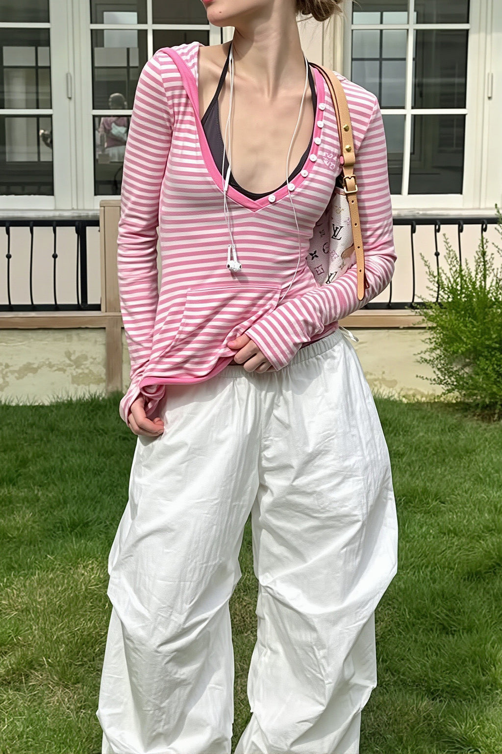 Pink Striped Deep V Neck Hoodie
