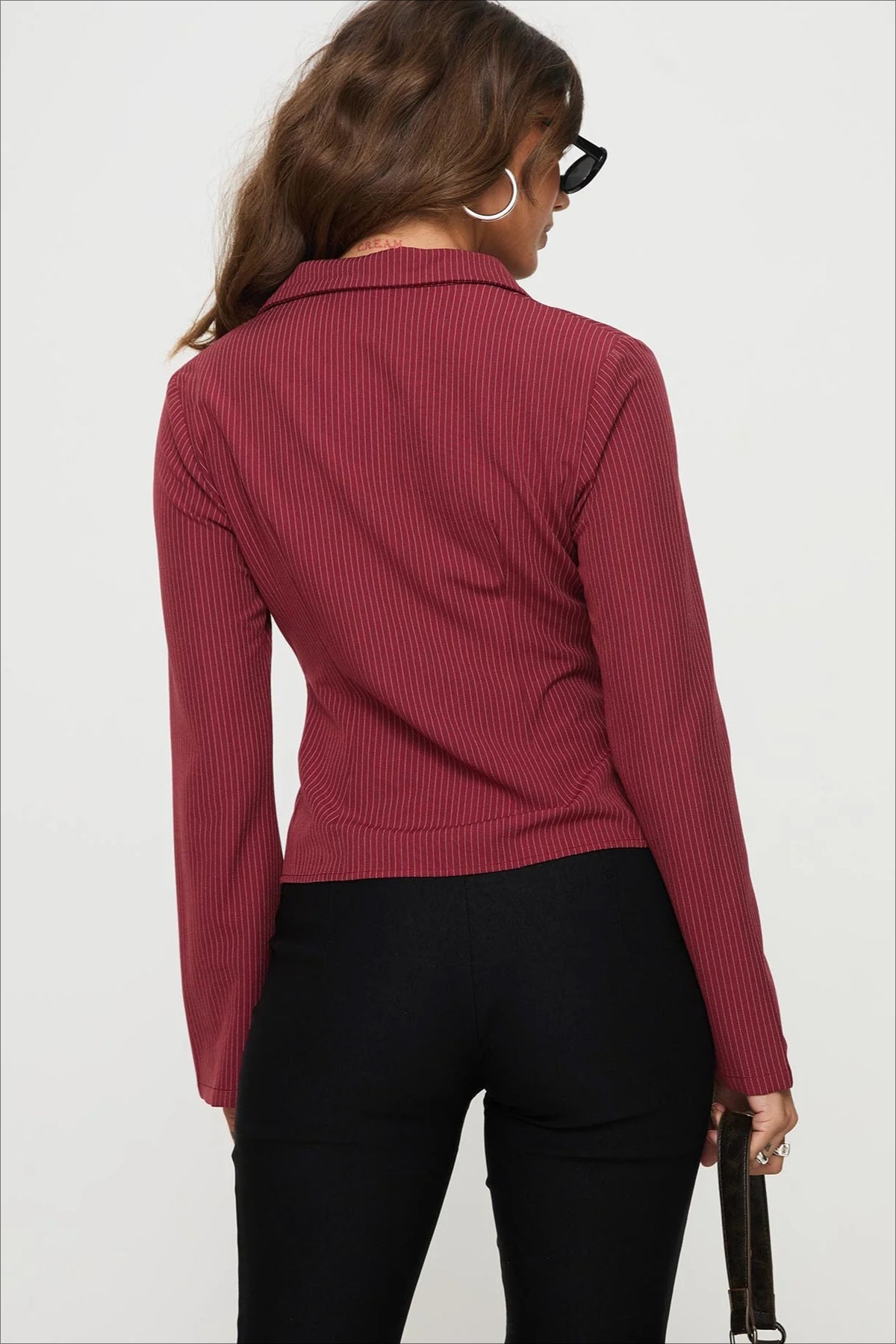 Pinstripe Flared Sleeve Fitted Button Front Blouse