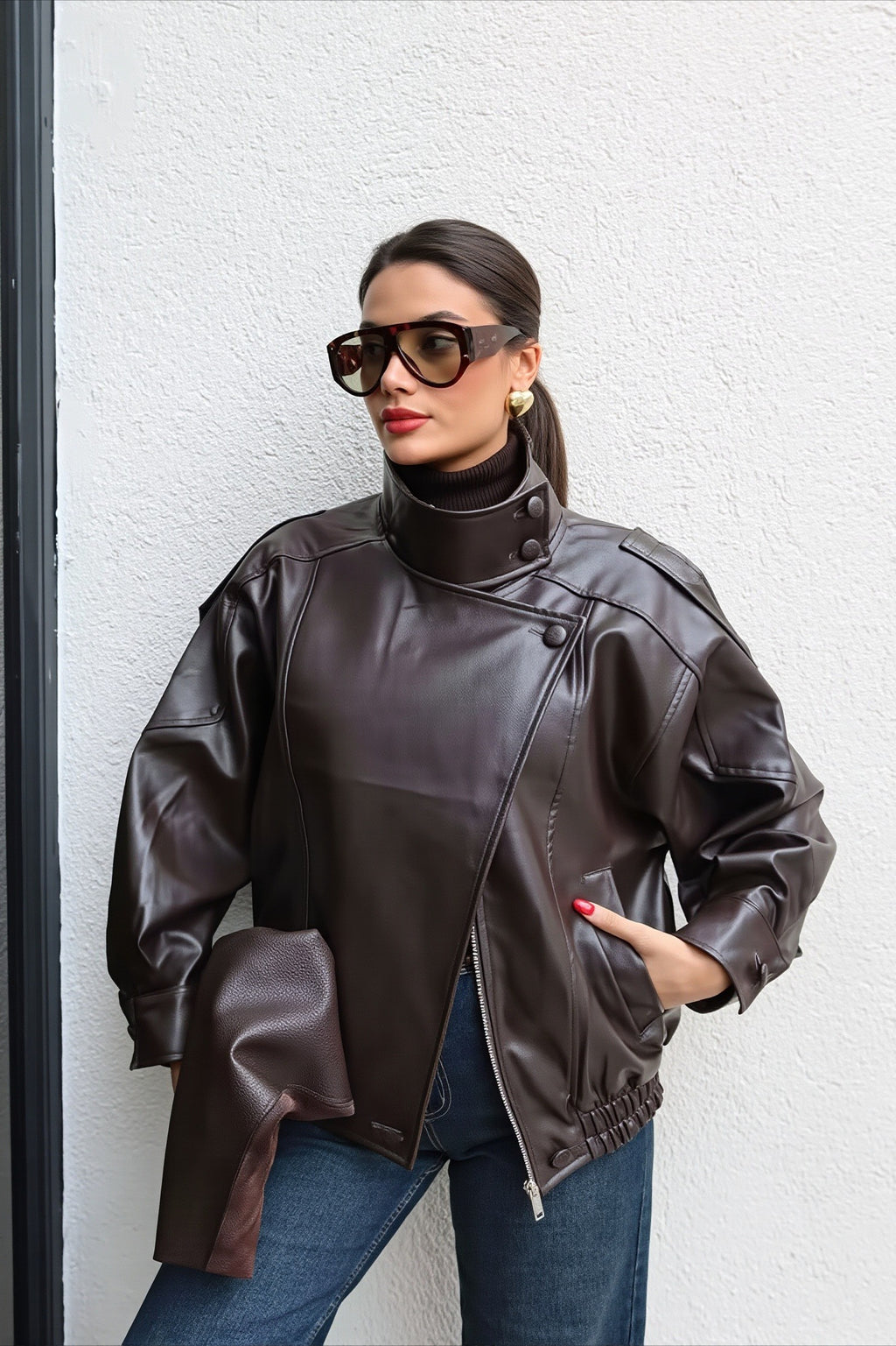 Asymmetric Front Grained Faux Leather Bomber Coat