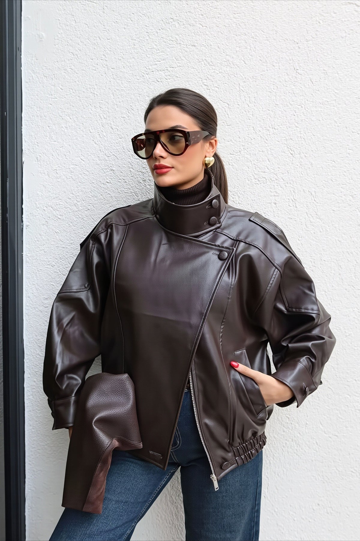 Asymmetric Front Grained Faux Leather Bomber Coat