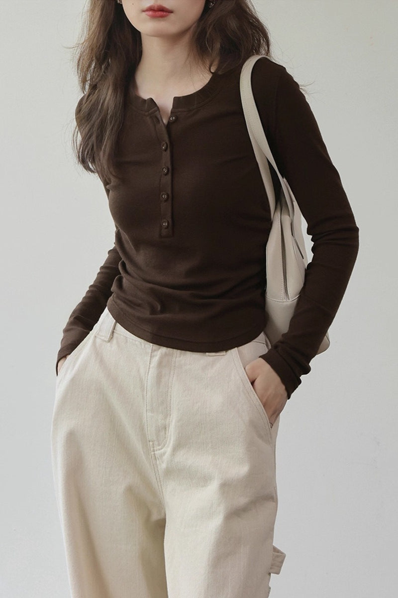 Mocha Brown Brushed Slim Fit Long Sleeve Tee