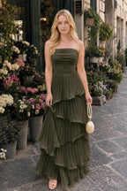 Solid Ruched Tiered Strapless Slim Fit Elegant Prom Dress