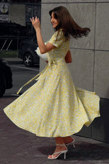 V-Neck Short Sleeve Floral Wrap Dress