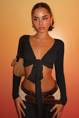 Wrap Tie V Neck Sexy Long Sleeve Cropped Crop Top