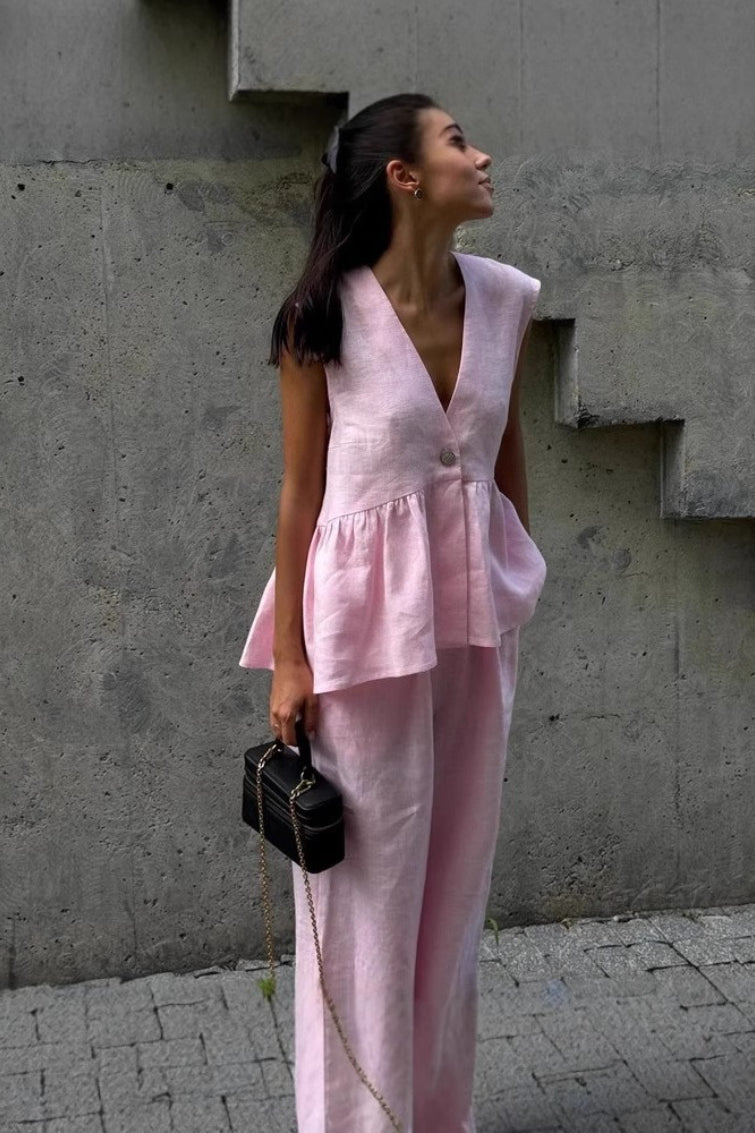 Cotton V Neck Sleeveless Vest Pants Two Piece Set Main image
