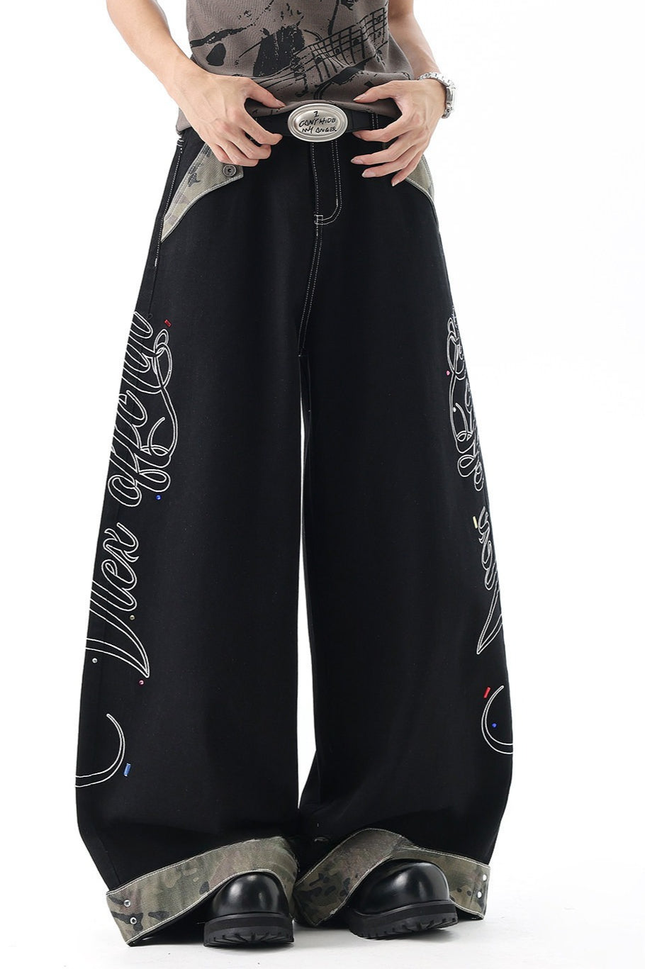Camouflage Panel Letter Embroidered Wide Leg Jeans