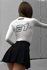 European American Motorcycle Style Letter Print Slim Knit Top