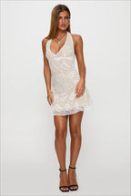 Lace Halter Open Back Fitted Mini Party Dress