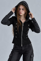 Button Front Layered Stripe Hoodies