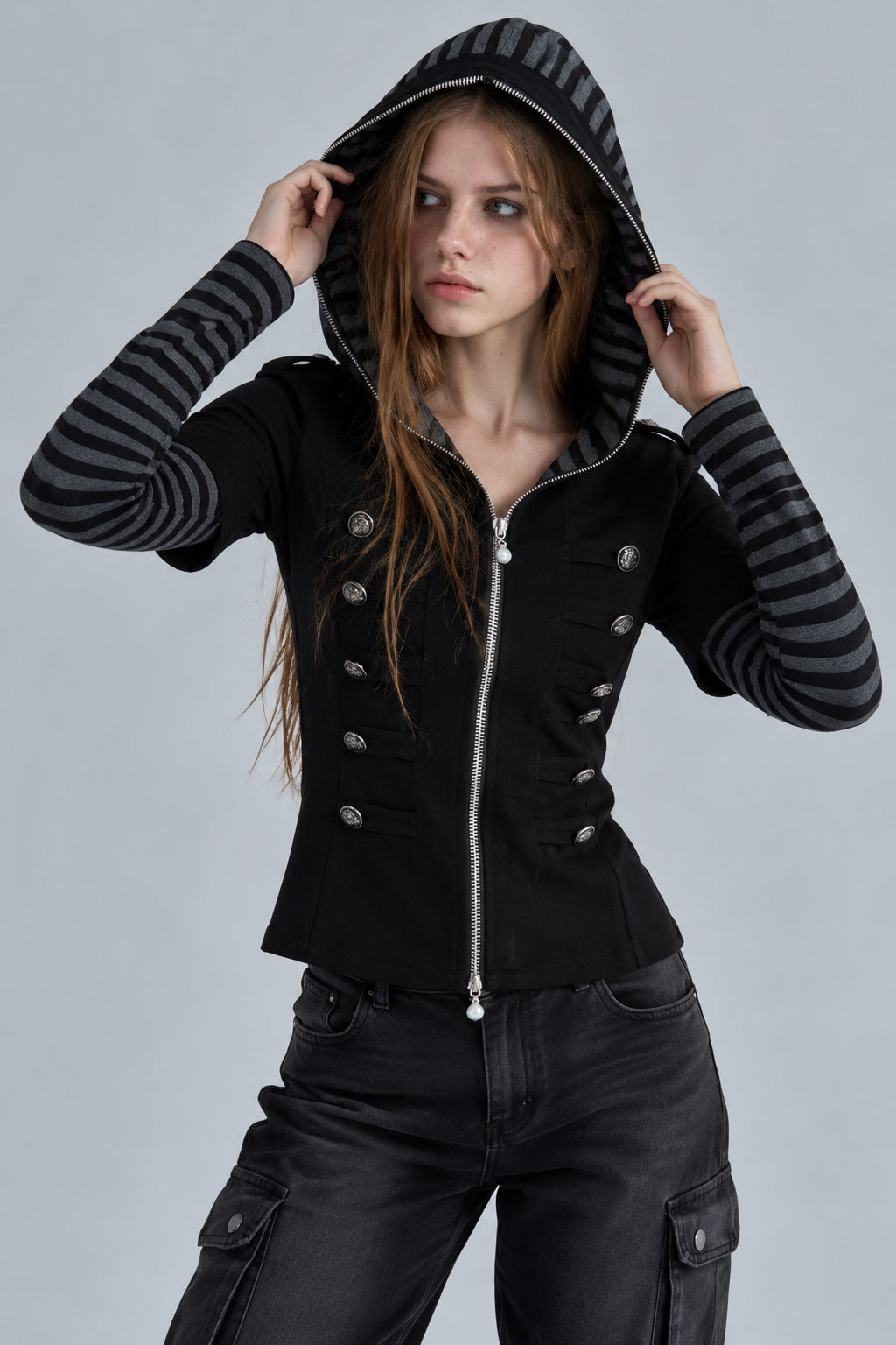 Button Front Layered Stripe Hoodies