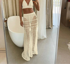 Lace Strappy Skirt Monochromatic Three Piece Swim Sets