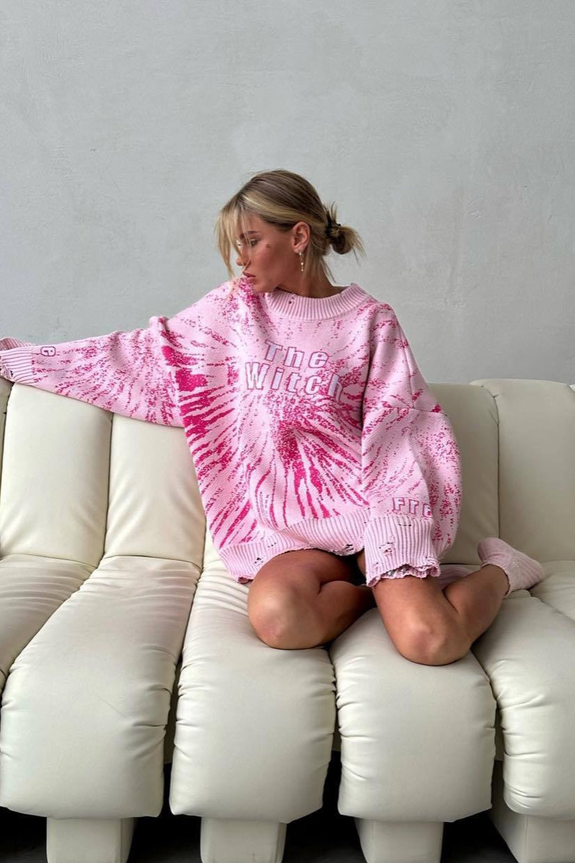 Distressed Graphic Oversized Crew Neck Knit Sweater