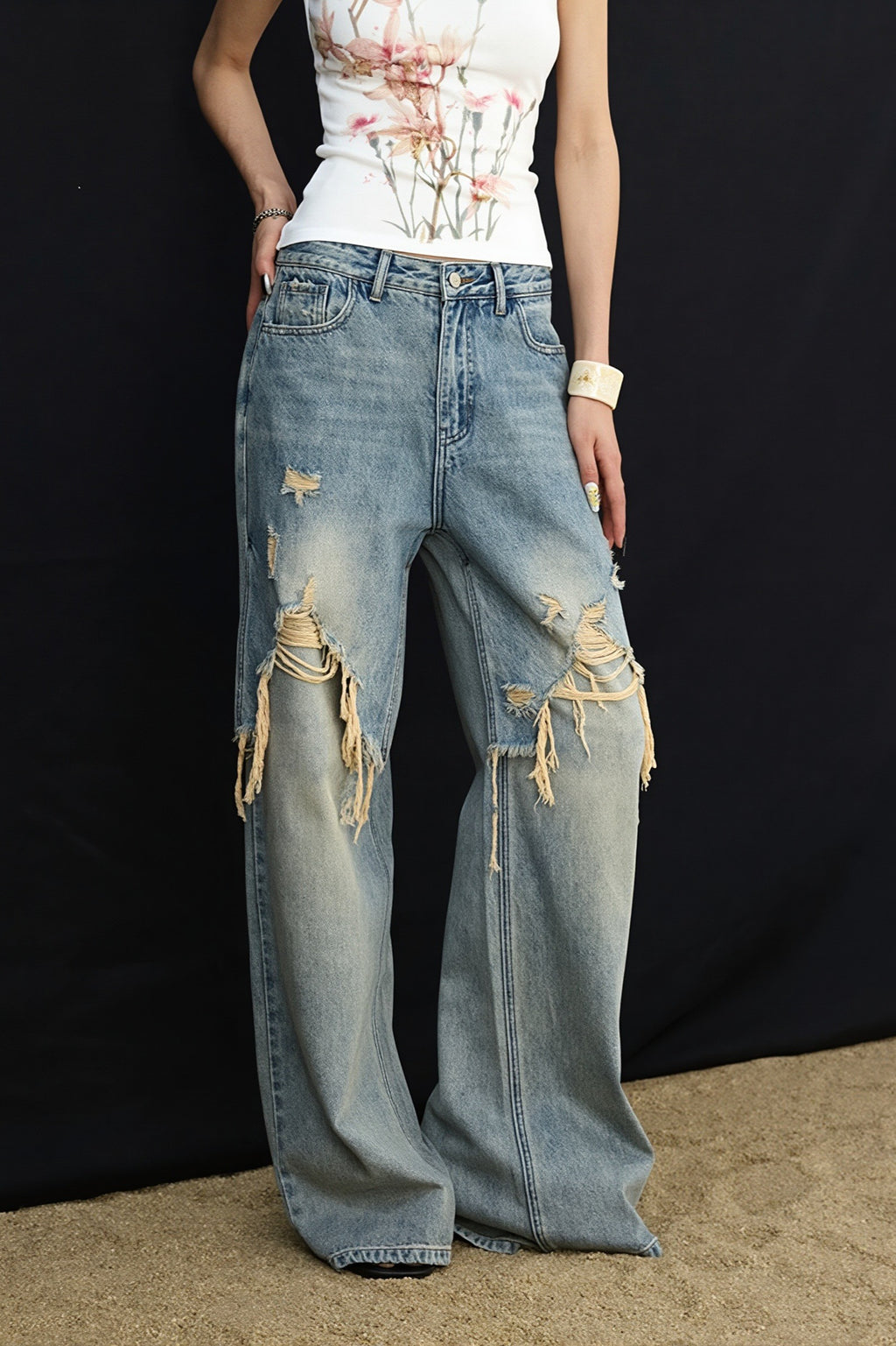 Washed Patchwork Distressed Wide Leg Streetwear Jeans