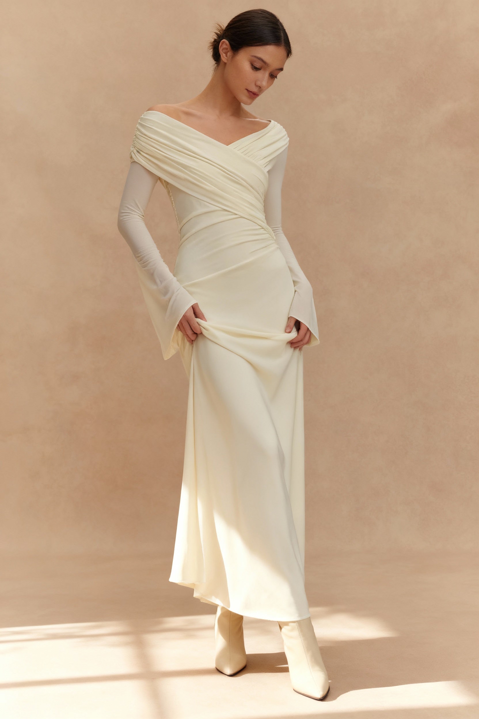 V Neck Long Sleeve Ruched High Waist Maxi Dress Main image