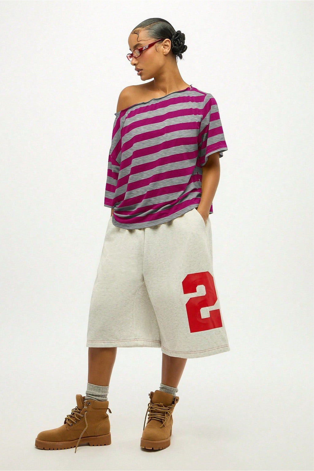 Striped Off Shoulder Oversized Short Sleeve T-Shirt