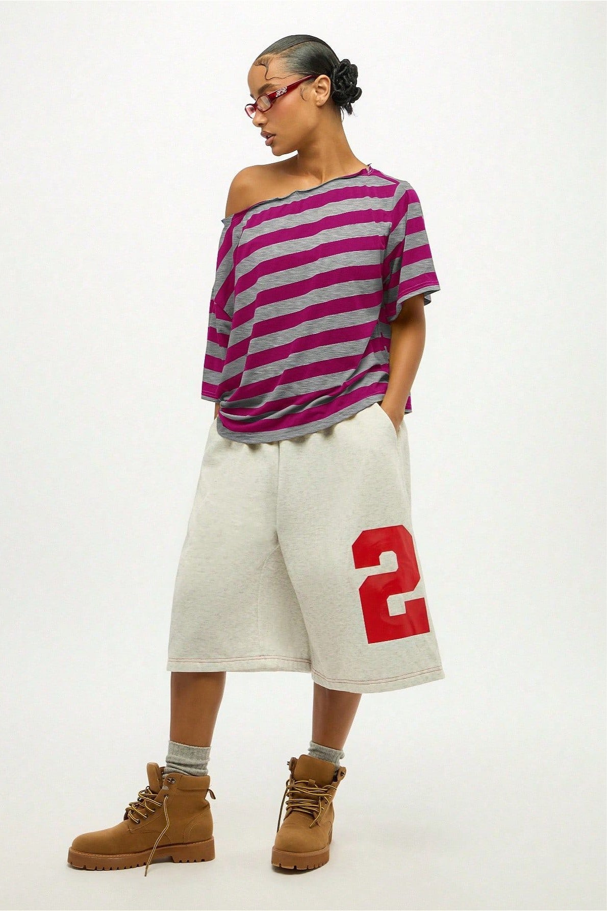 Striped Off Shoulder Oversized Short Sleeve T-Shirt