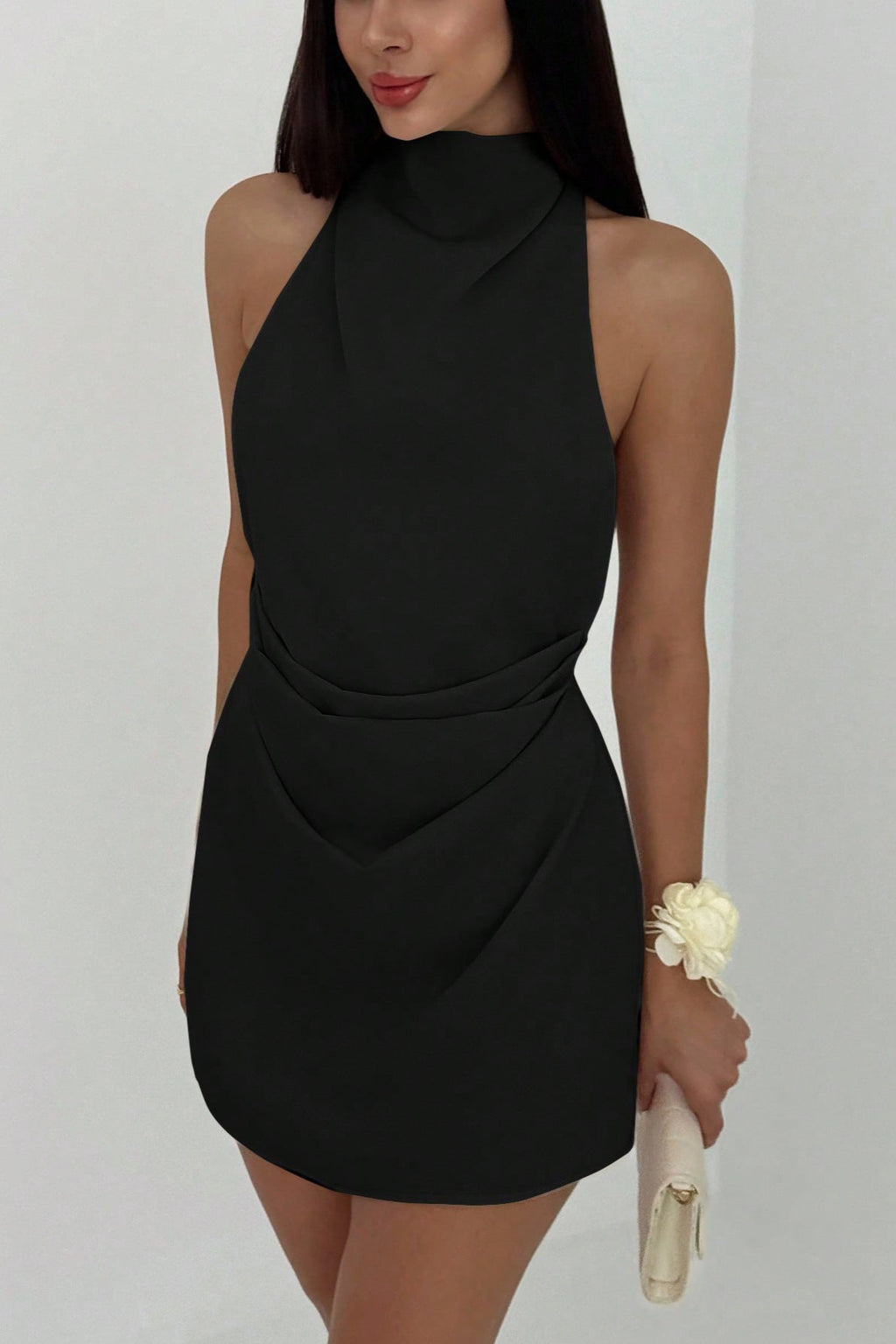 Halter Cross Strap Backless Asymmetric Mini Dress