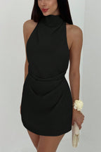 Halter Cross Strap Backless Asymmetric Mini Dress